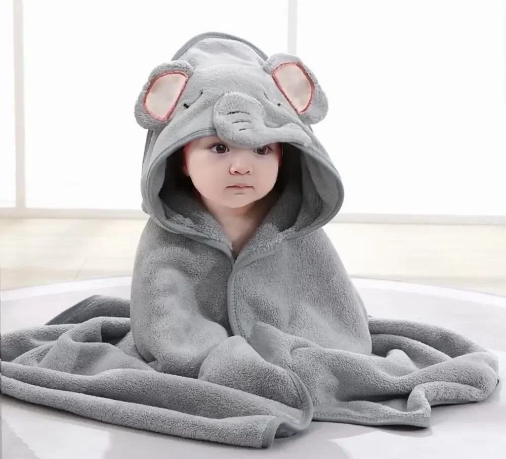 One Piece, Super Absorbent, Microfiber, Baby Towel, Elephant, Grey W/ Hood New